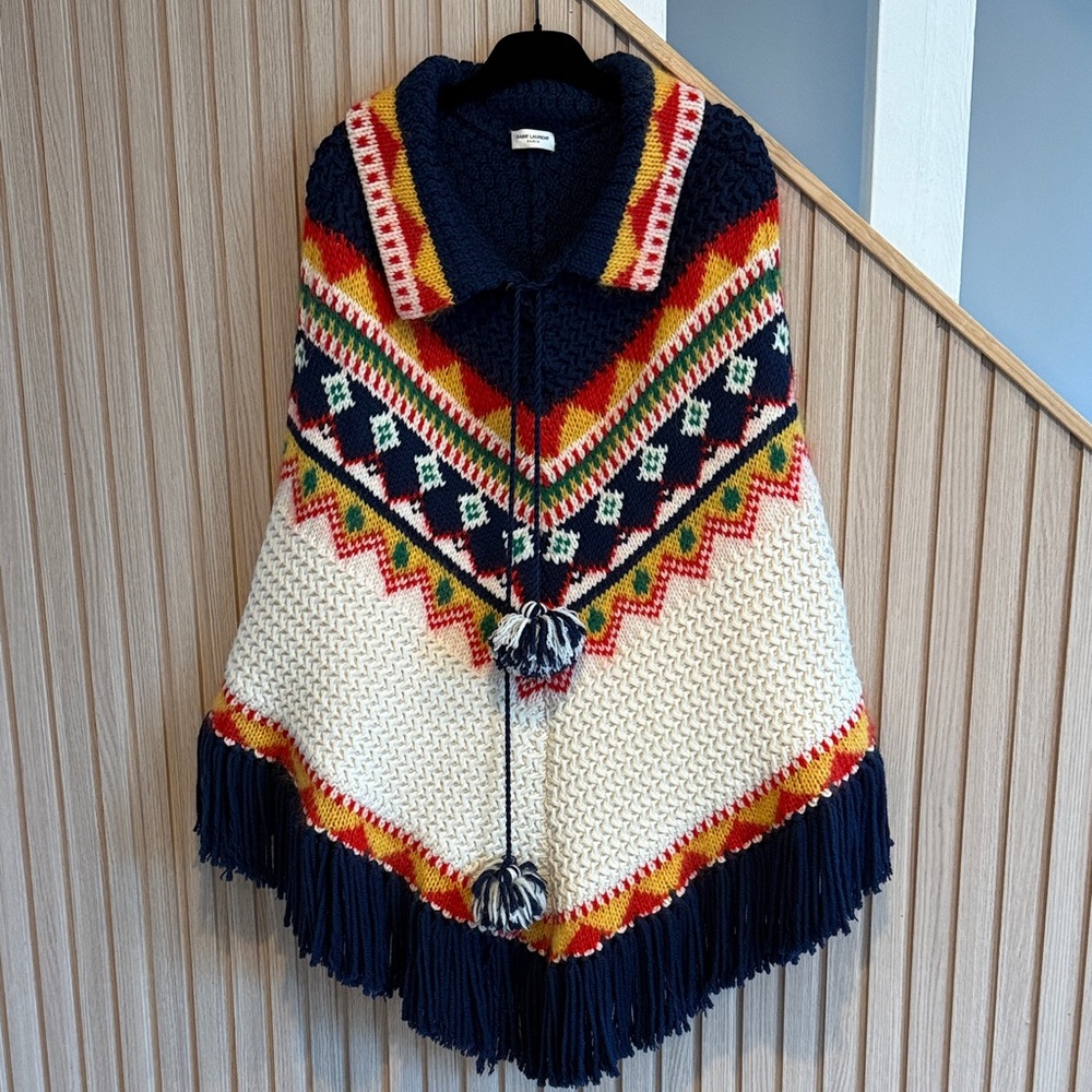 Saint Laurent Multicolor Knit Fringe Cape (Navy, Cream, Red, Yellow, Green)